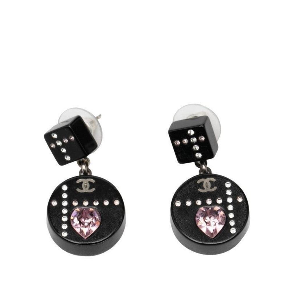 Chanel CC Logo Heart Pierced Earrings Metal Rhinestone Silver